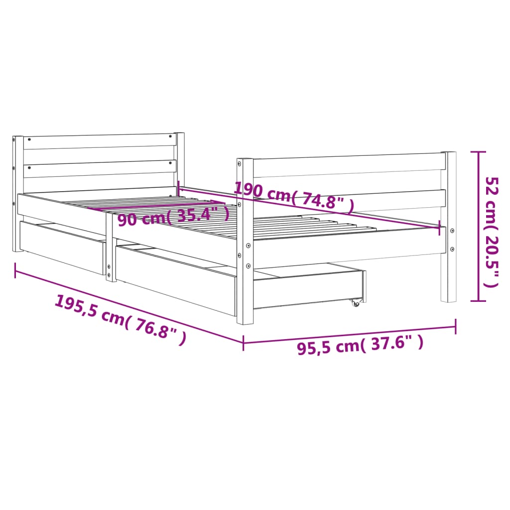 Cadre de lit d'enfants tiroirs blanc 90x190 cm bois pin massif