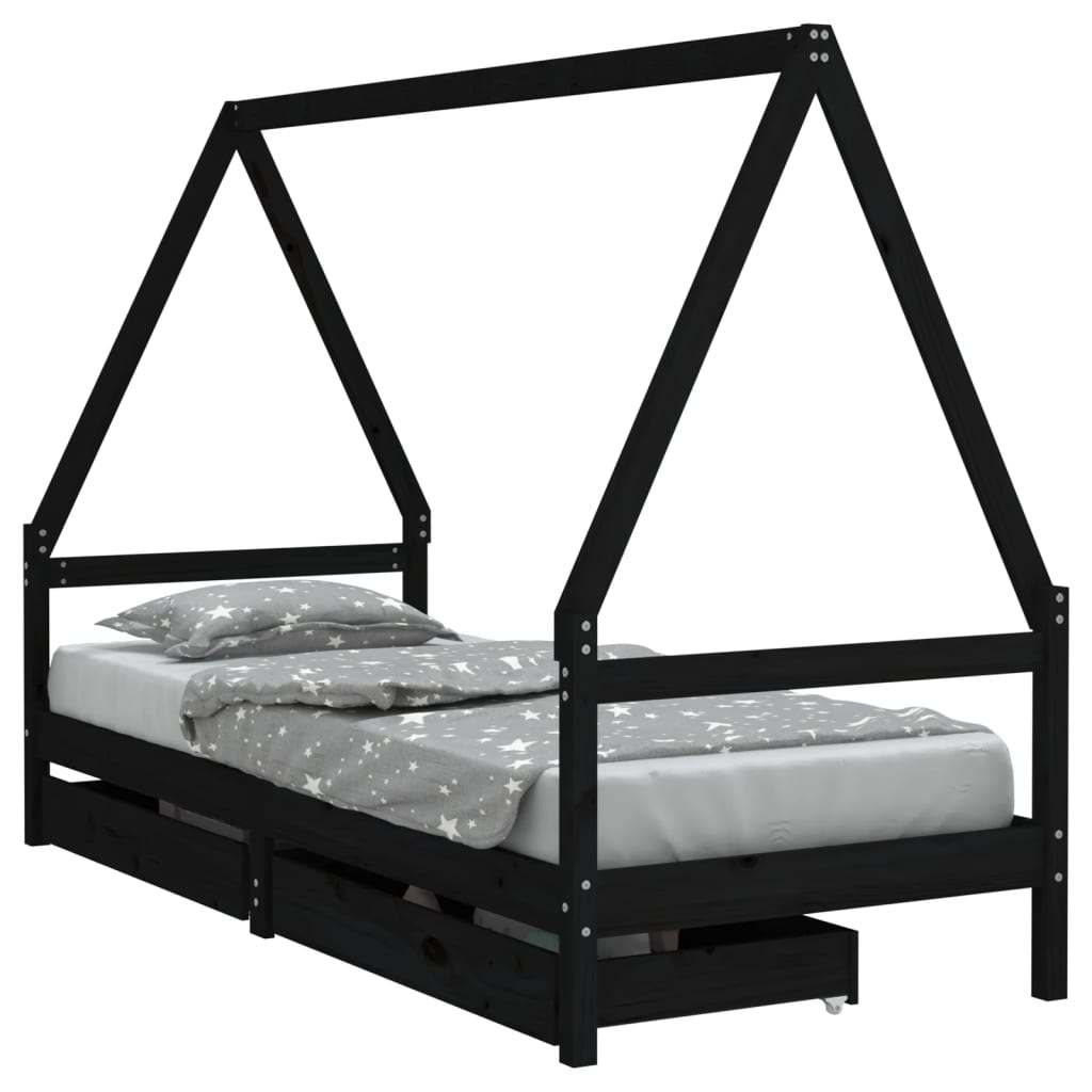 Cadre de lit d'enfants tiroirs noir 90x190cm bois de pin massif