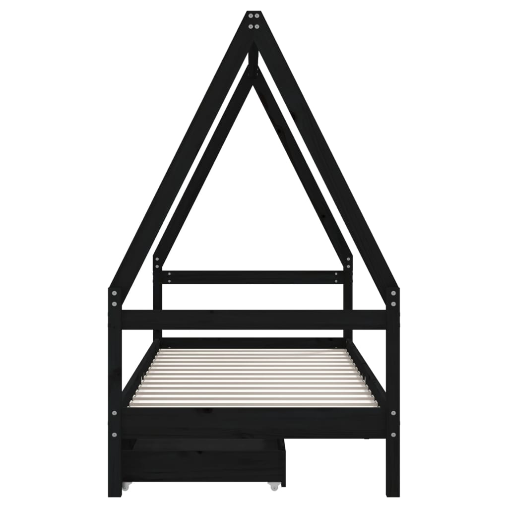 Cadre de lit d'enfants tiroirs noir 90x190cm bois de pin massif