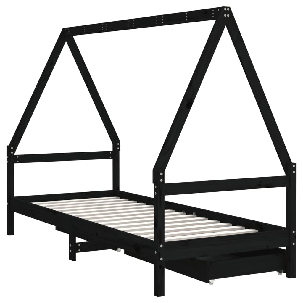 Cadre de lit d'enfants tiroirs noir 90x190cm bois de pin massif