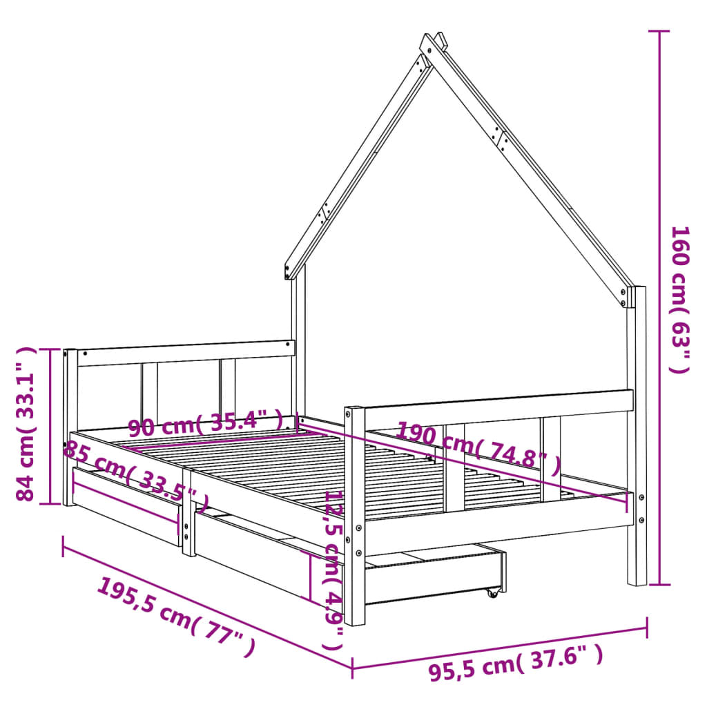 Cadre de lit d'enfants tiroirs blanc 90x190 cm bois pin massif
