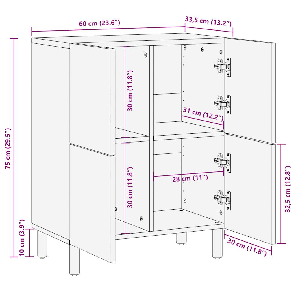 Buffet 60x33,5x75 cm bois de manguier brut massif - Fixations & meubles de rangement multimédia
