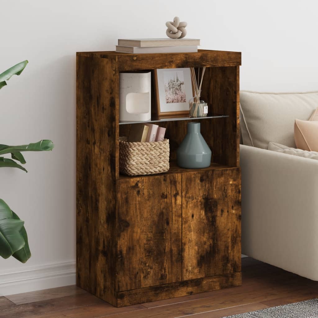 Buffet avec lumières LED chêne fumé 60,5x37x100 cm - Buffets & bahuts