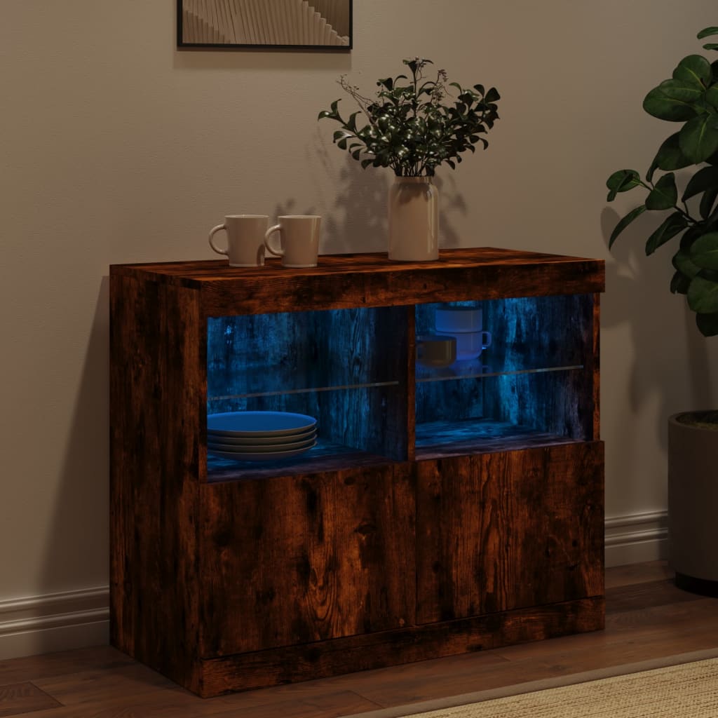 Buffet avec lumières LED chêne fumé 81x37x67 cm - Buffets & bahuts