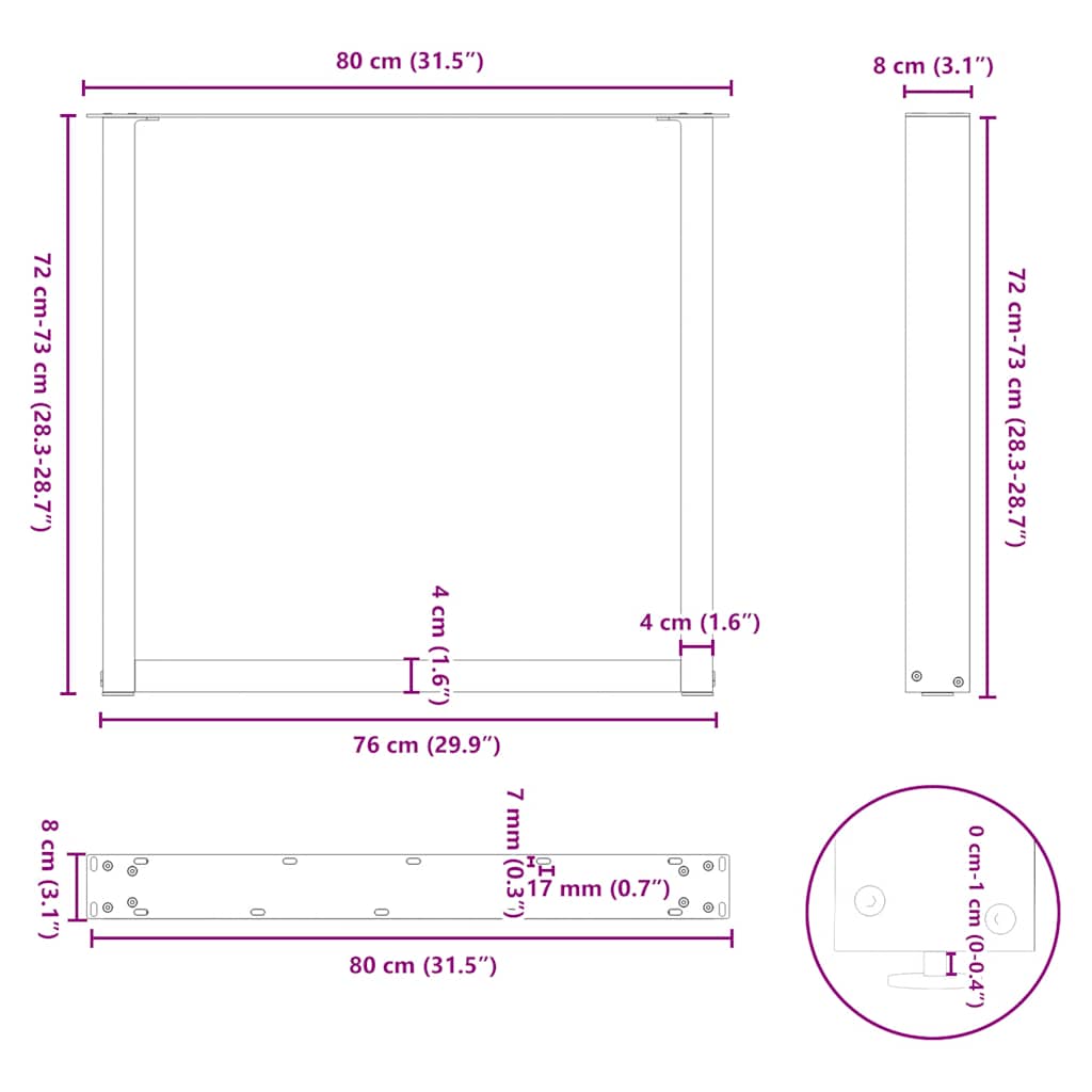 Pieds de table à manger forme de U 2 pcs noir 80x(72-73) cm - Pieds de table