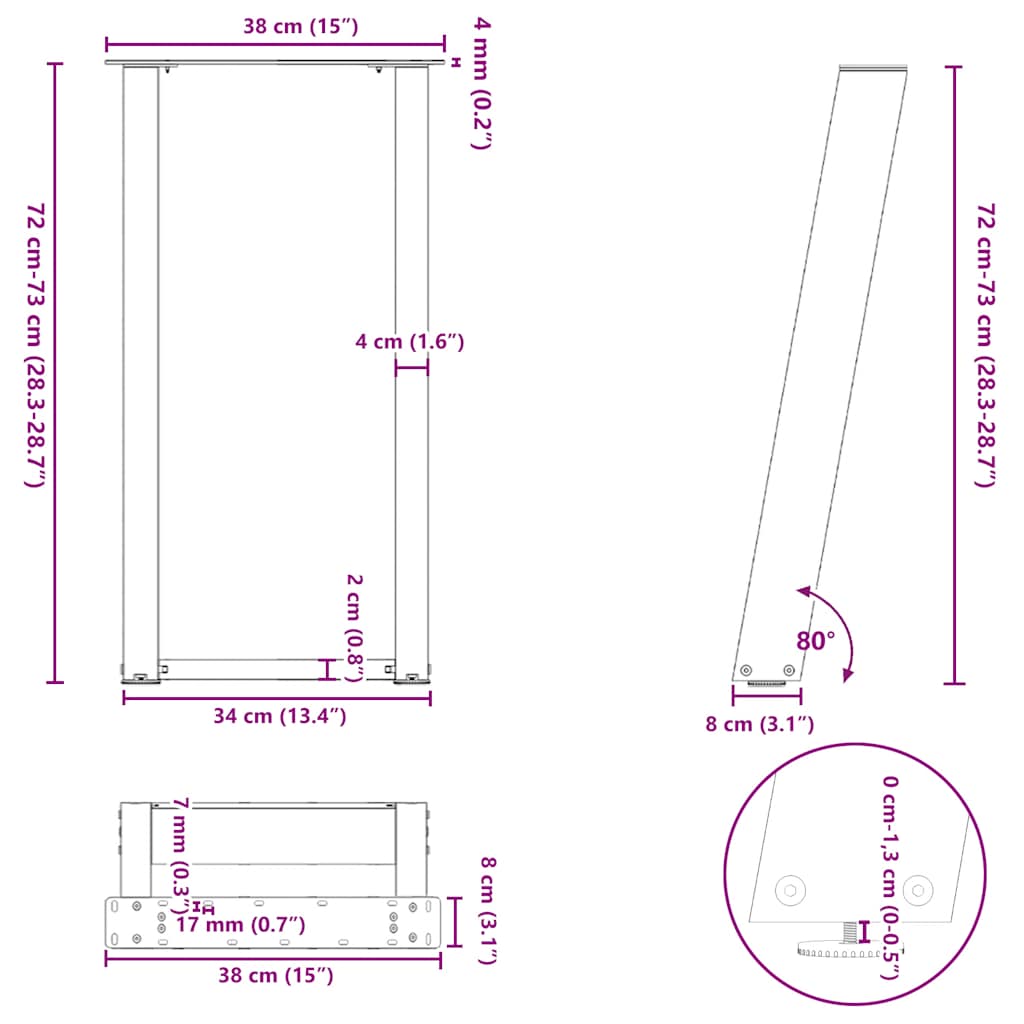 Pieds de table console forme de U 2 pcs noir 38x(72-73)cm acier - Pieds de table