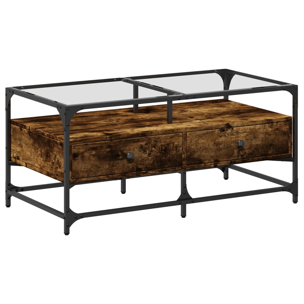 Table basse avec dessus en verre chêne fumé 98,5x50x45 cm acier - Tables basses