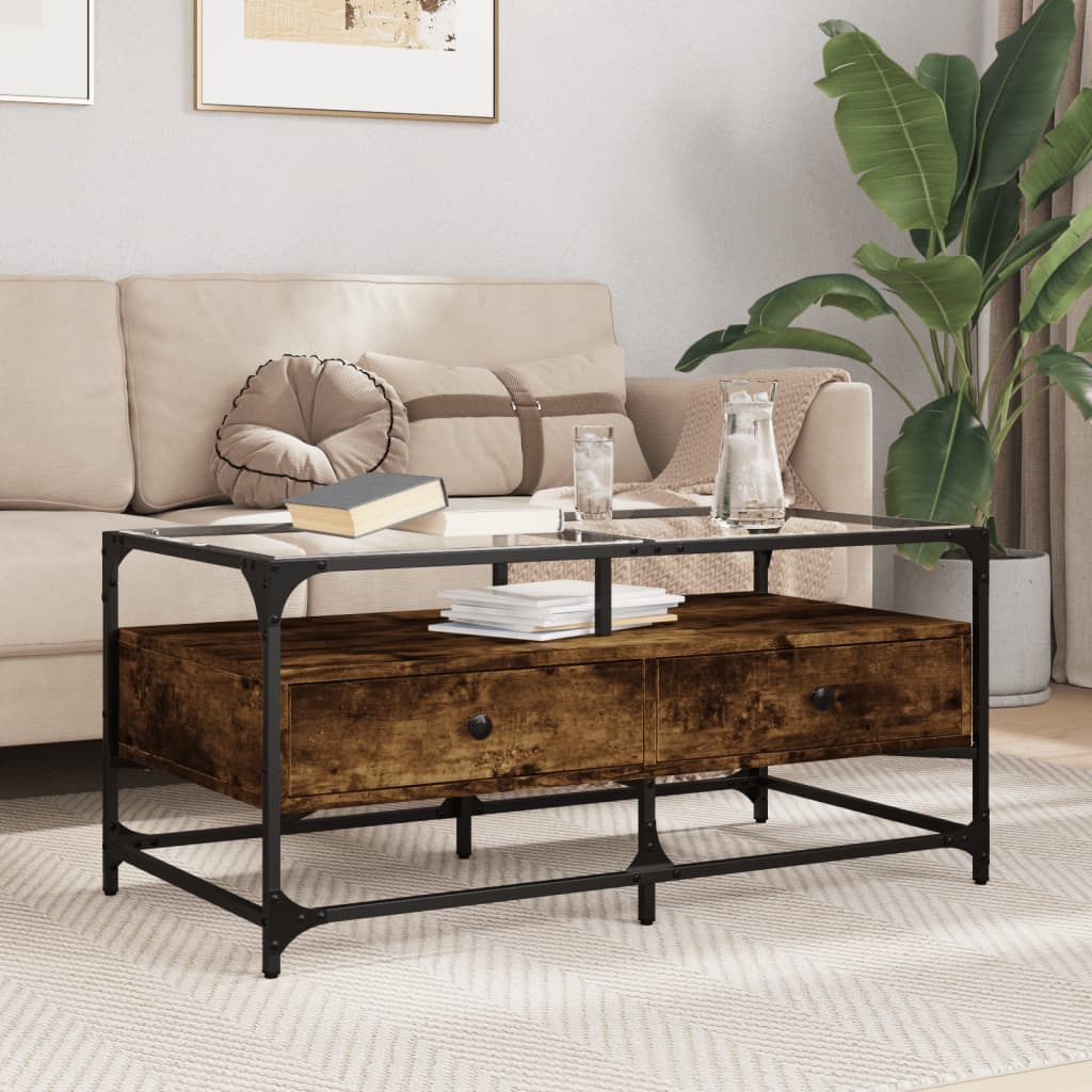 Table basse avec dessus en verre chêne fumé 98,5x50x45 cm acier - Tables basses