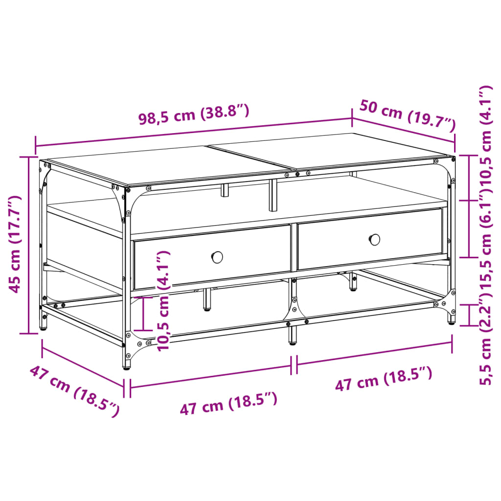 Table basse avec dessus en verre chêne fumé 98,5x50x45 cm acier - Tables basses