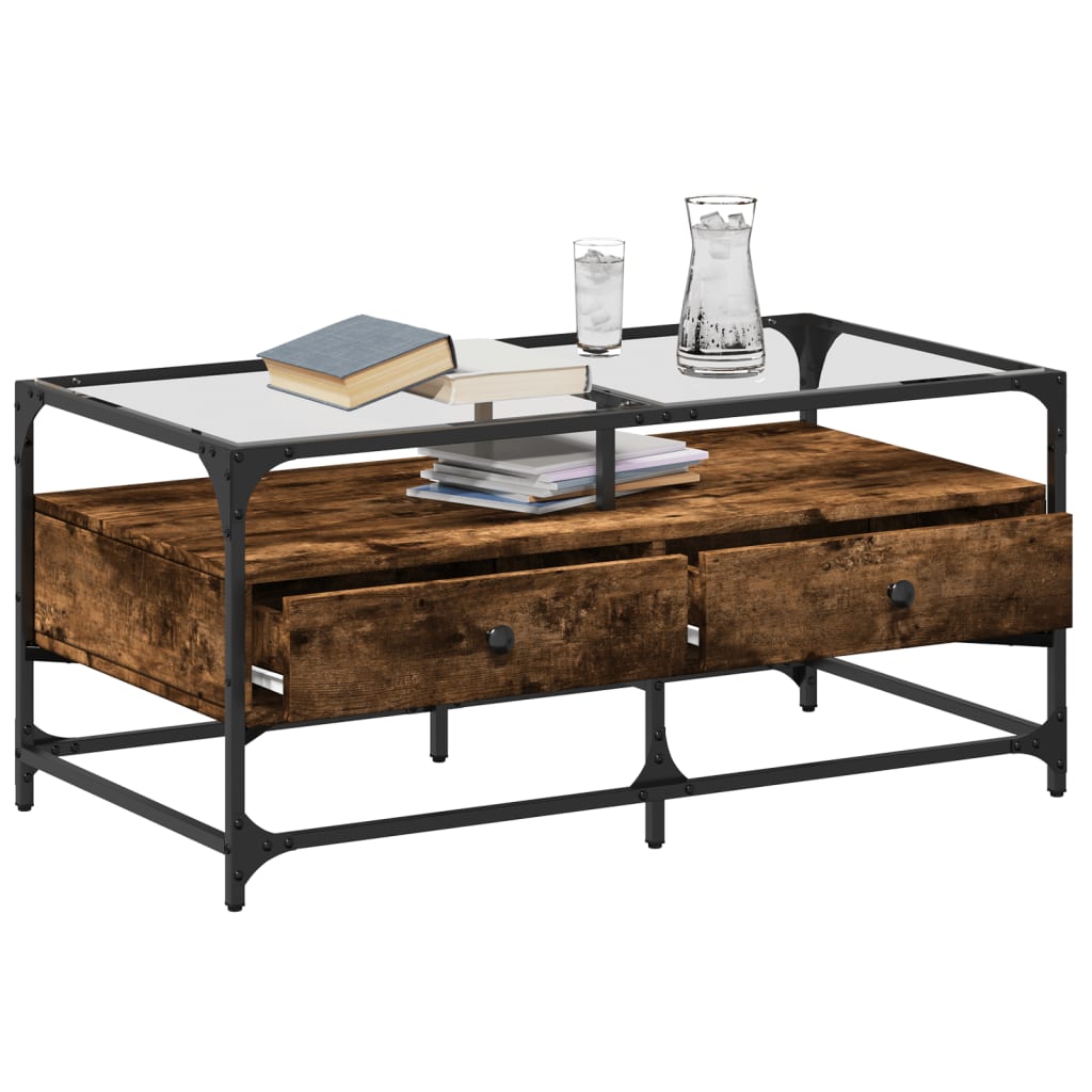 Table basse avec dessus en verre chêne fumé 98,5x50x45 cm acier - Tables basses