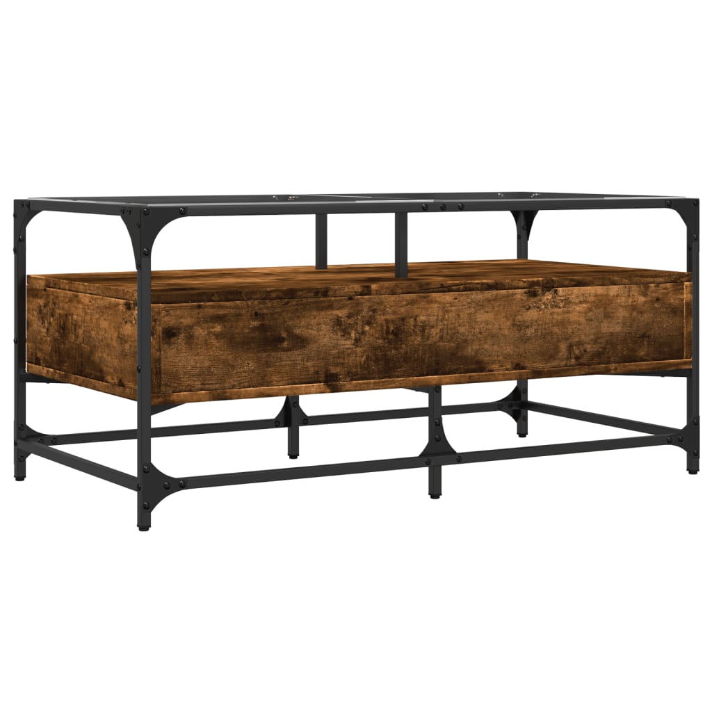 Table basse avec dessus en verre chêne fumé 98,5x50x45 cm acier - Tables basses