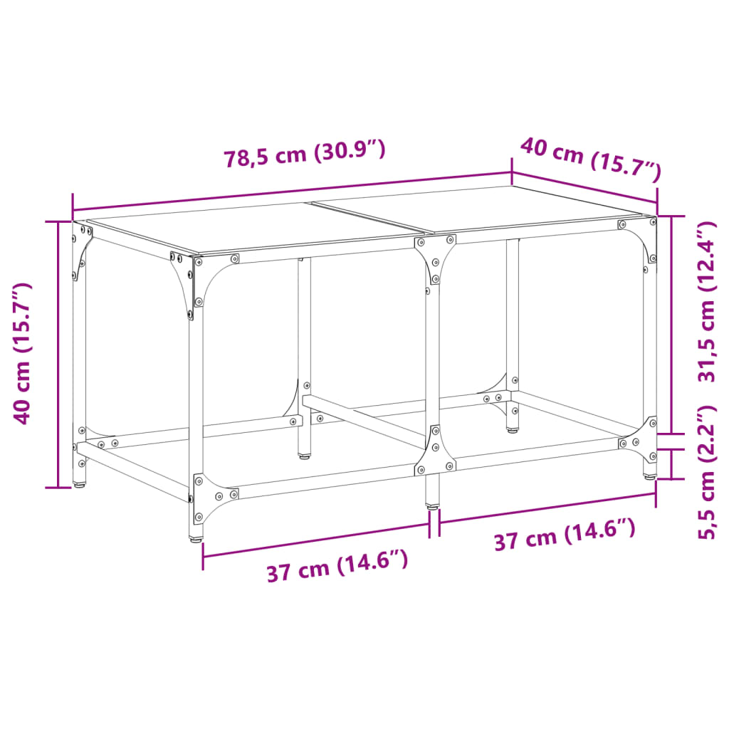 Table basse avec dessus en verre noir 78,5x40x40 cm acier - Tables basses