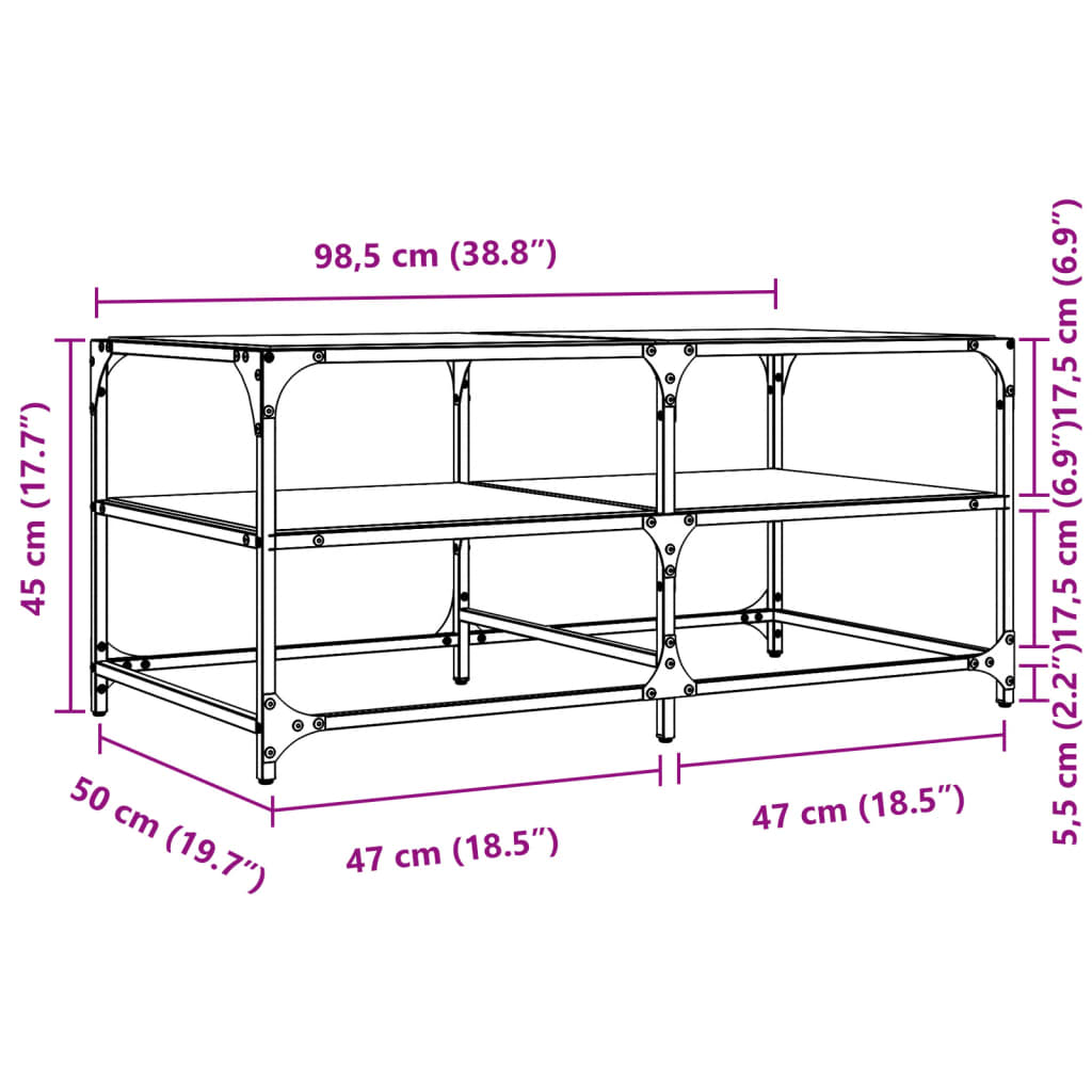 Table basse avec dessus en verre noir 98,5x50x45 cm acier - Tables basses
