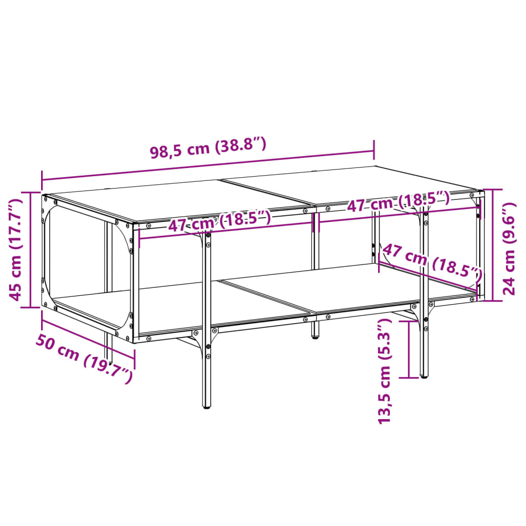 Table basse avec dessus en verre noir 98,5x50x45 cm acier - Tables basses