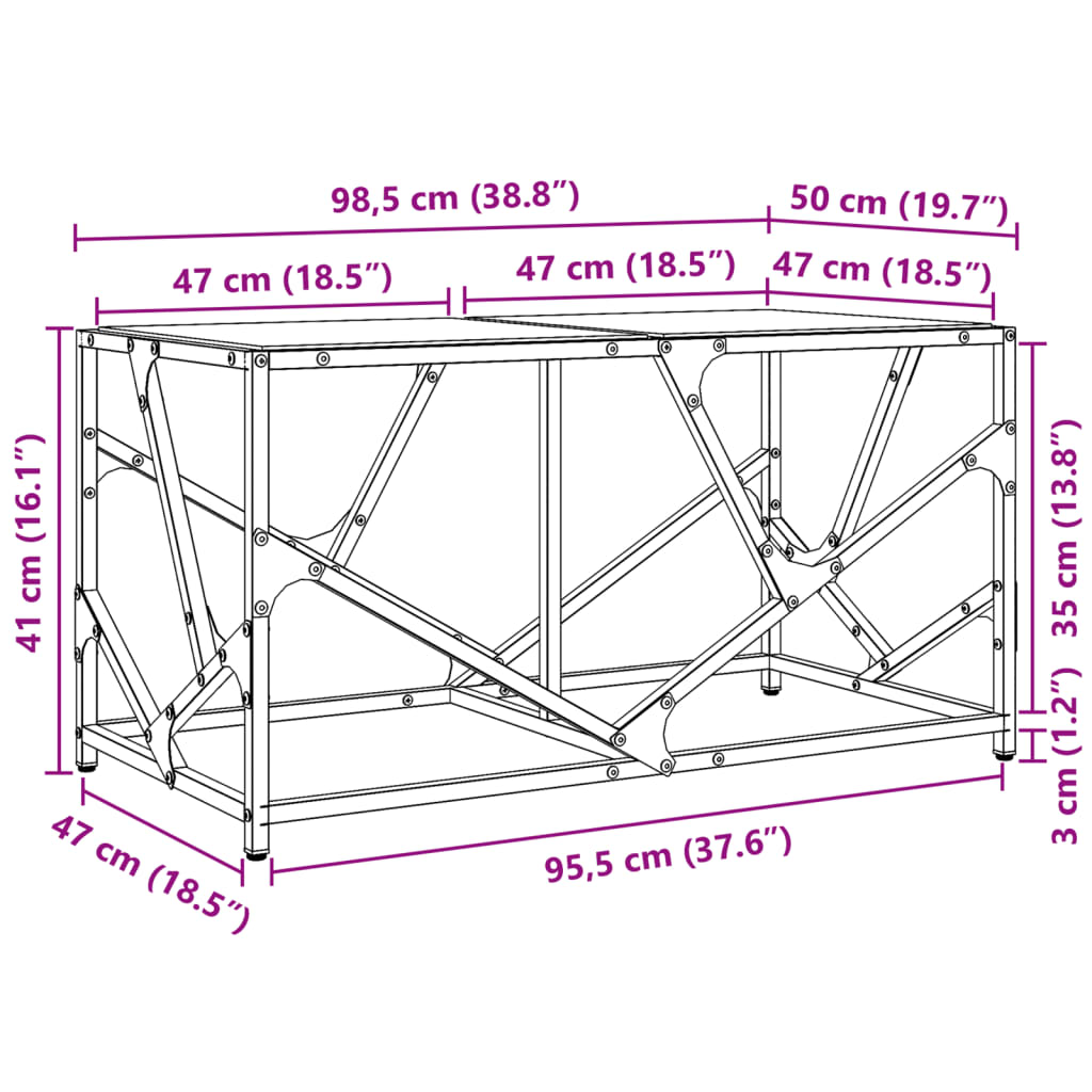 Table basse avec dessus en verre transparent 98,5x50x41cm acier - Tables basses