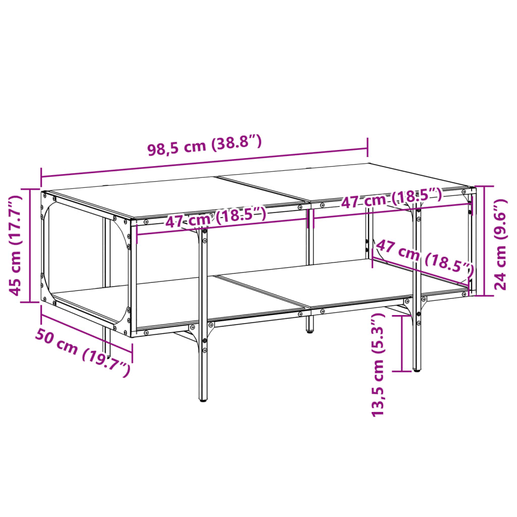 Table basse avec dessus en verre transparent 98,5x50x45cm acier - Tables basses