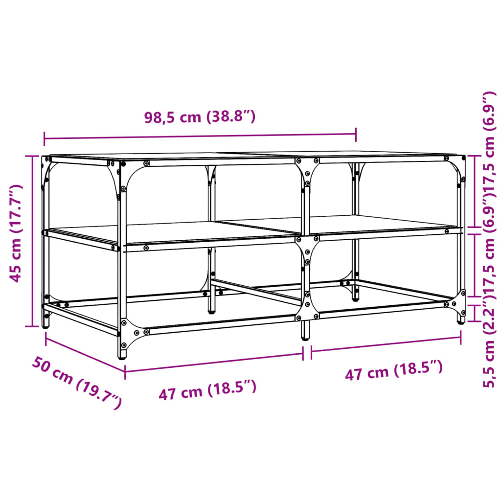 Table basse avec dessus en verre transparent 98,5x50x45cm acier - Tables basses