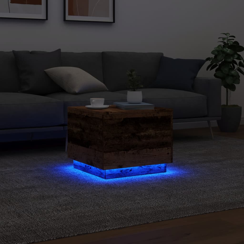 Table basse avec lumières LED vieux bois 50x50x40 cm - Tables basses