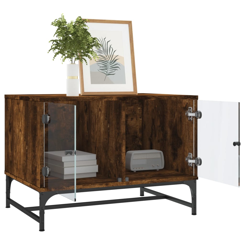 Table basse avec portes en verre chêne fumé 68,5x50x50 cm - Tables basses
