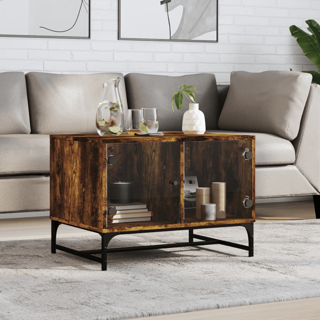 Table basse avec portes en verre chêne fumé 68,5x50x50 cm - Tables basses