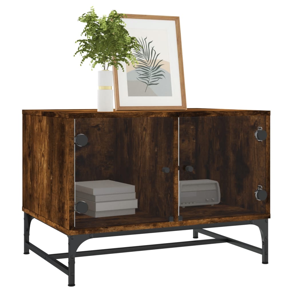 Table basse avec portes en verre chêne fumé 68,5x50x50 cm - Tables basses