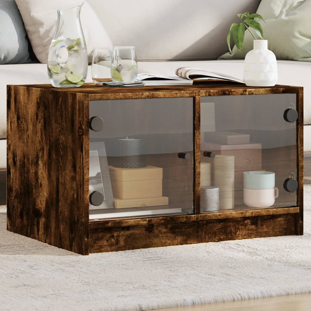Table basse avec portes en verre chêne fumé 68x50x42 cm - Tables basses