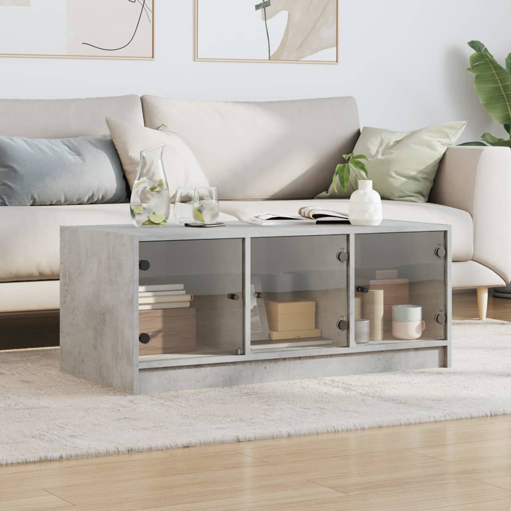 Table basse avec portes en verre gris béton 102x50x42 cm - Tables basses