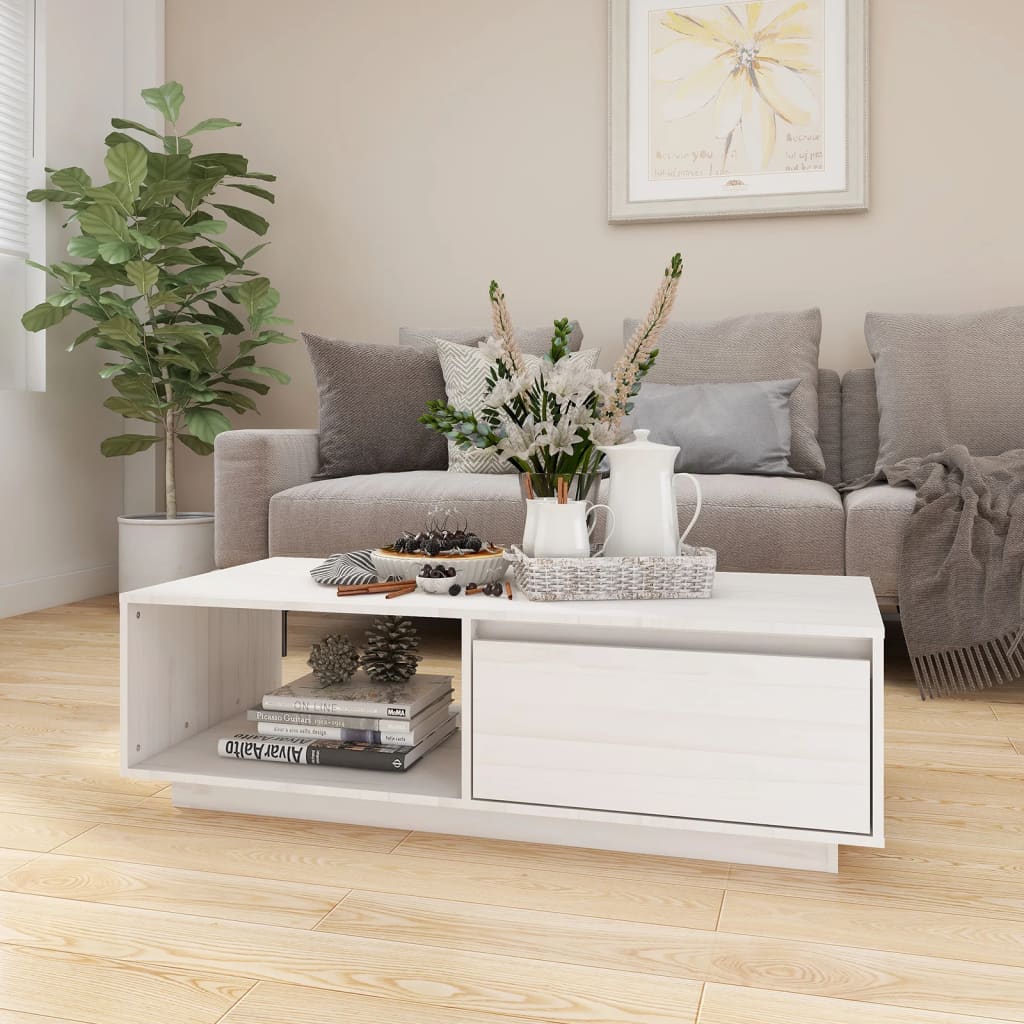 Table basse blanc 110x50x33,5 cm bois de pin massif - Tables basses