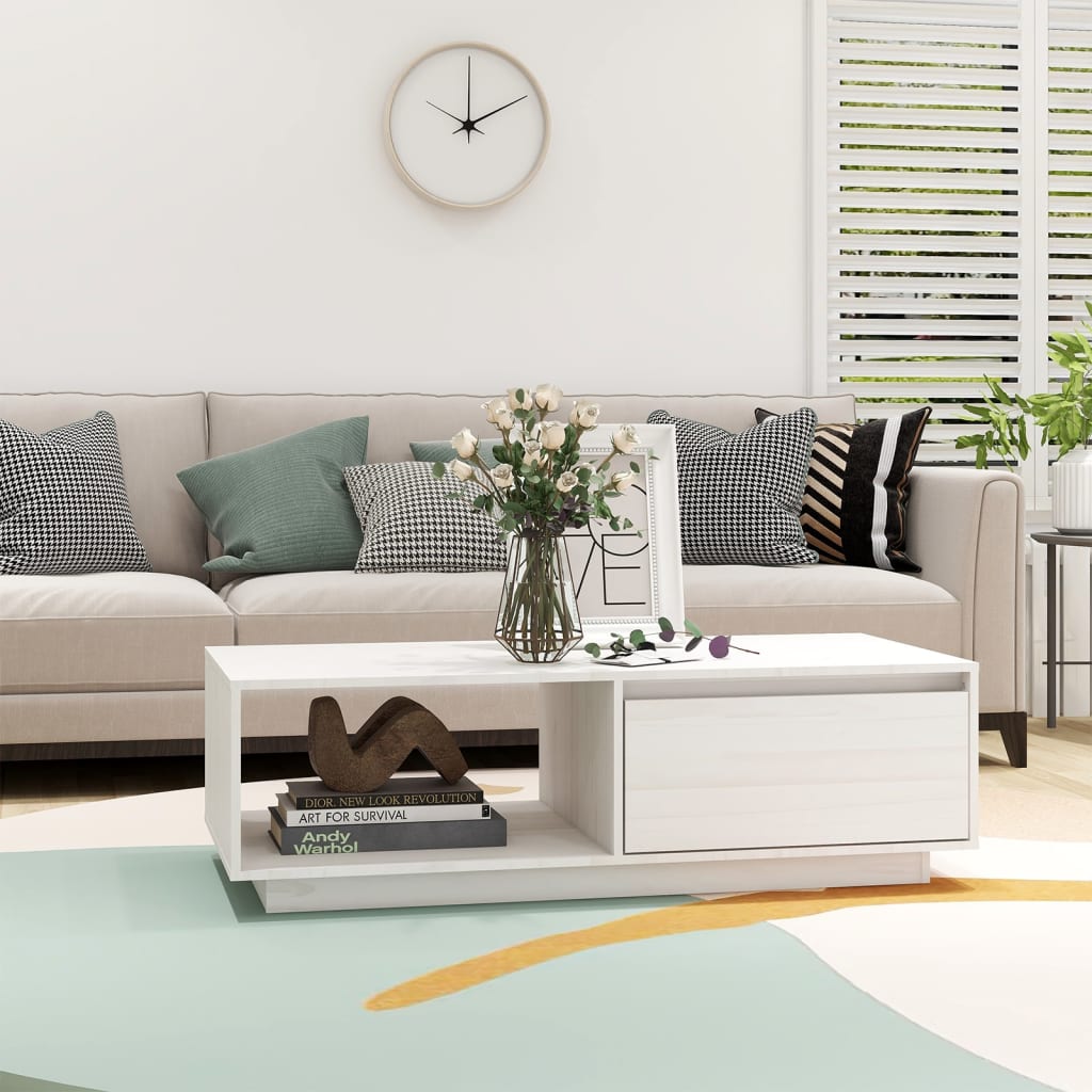 Table basse blanc 110x50x33,5 cm bois de pin massif - Tables basses