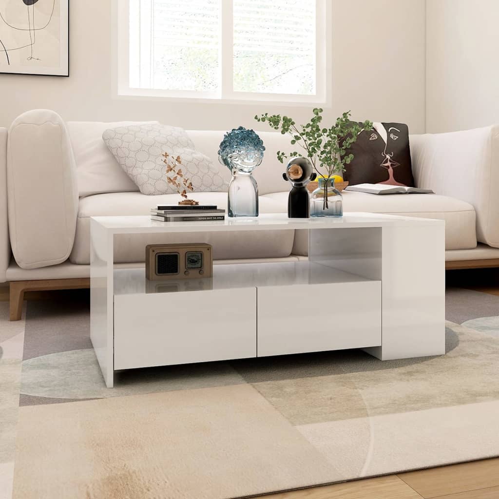 Table basse blanc brillant 102x55x42 cm bois d’ingénierie - Tables basses