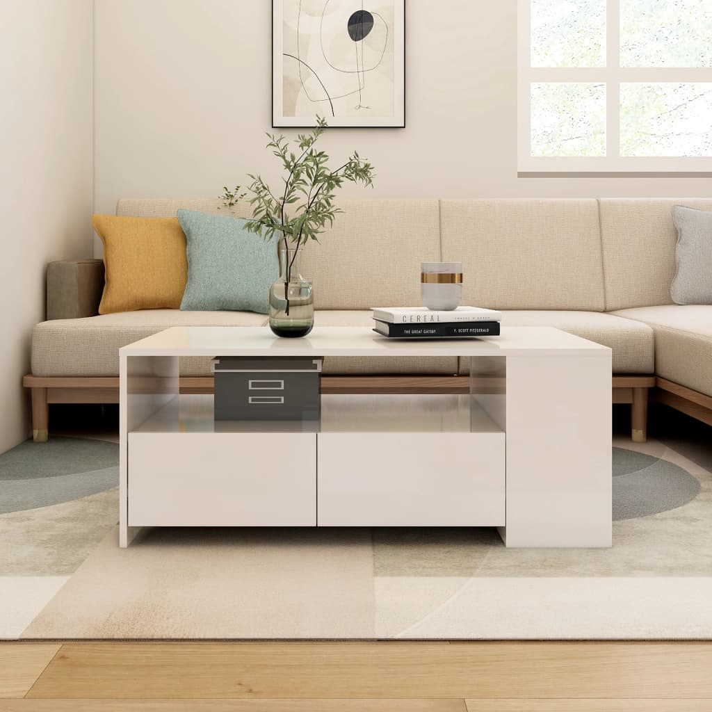 Table basse blanc brillant 102x55x42 cm bois d’ingénierie - Tables basses