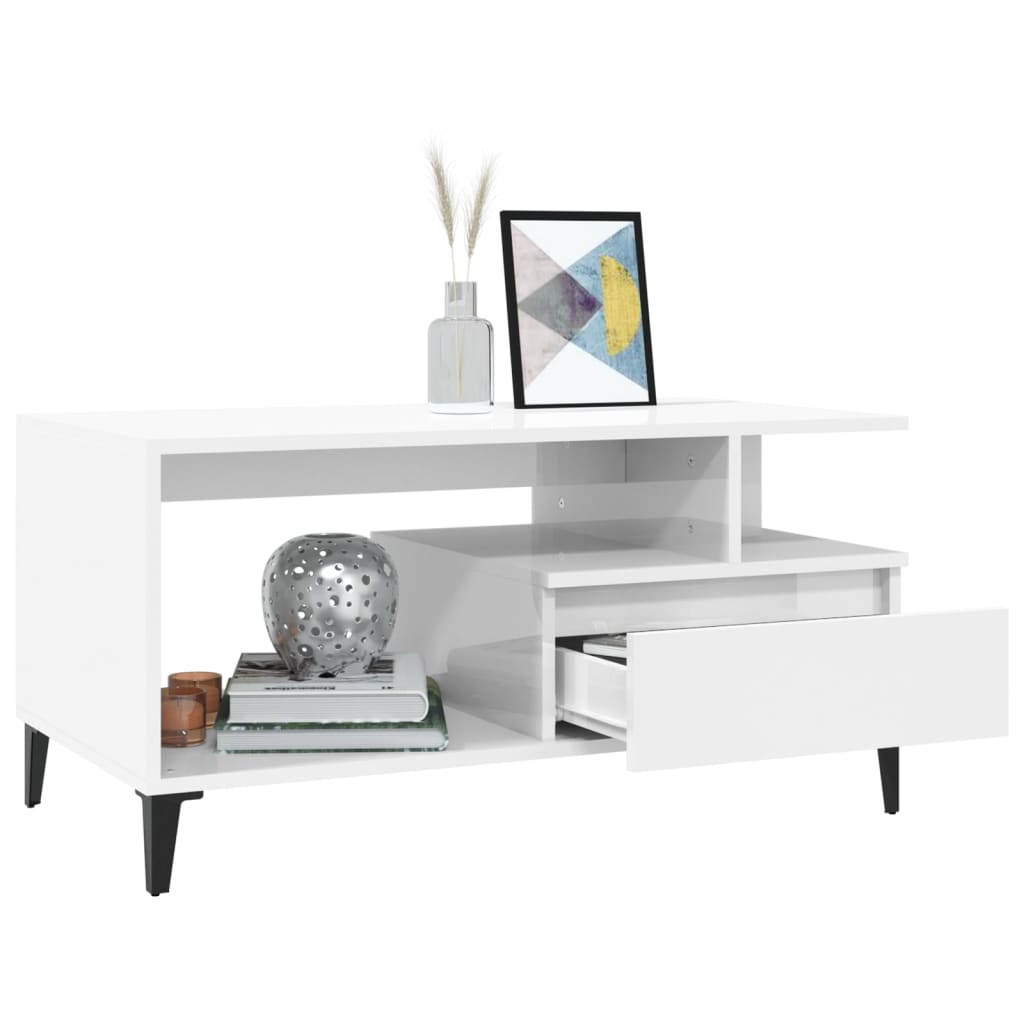 Table basse Blanc brillant 90x49x45 cm Bois d’ingénierie - Tables basses