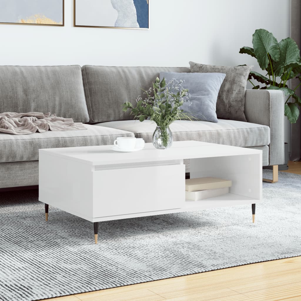Table basse blanc brillant 90x60x35 cm bois d’ingénierie - Tables basses