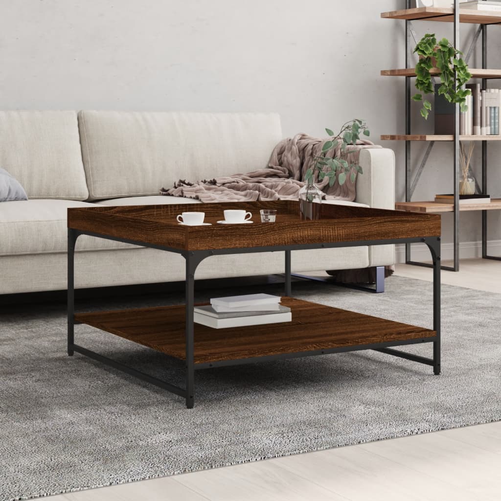 Table basse chêne marron 80x80x45 cm bois d’ingénierie et fer - Tables basses