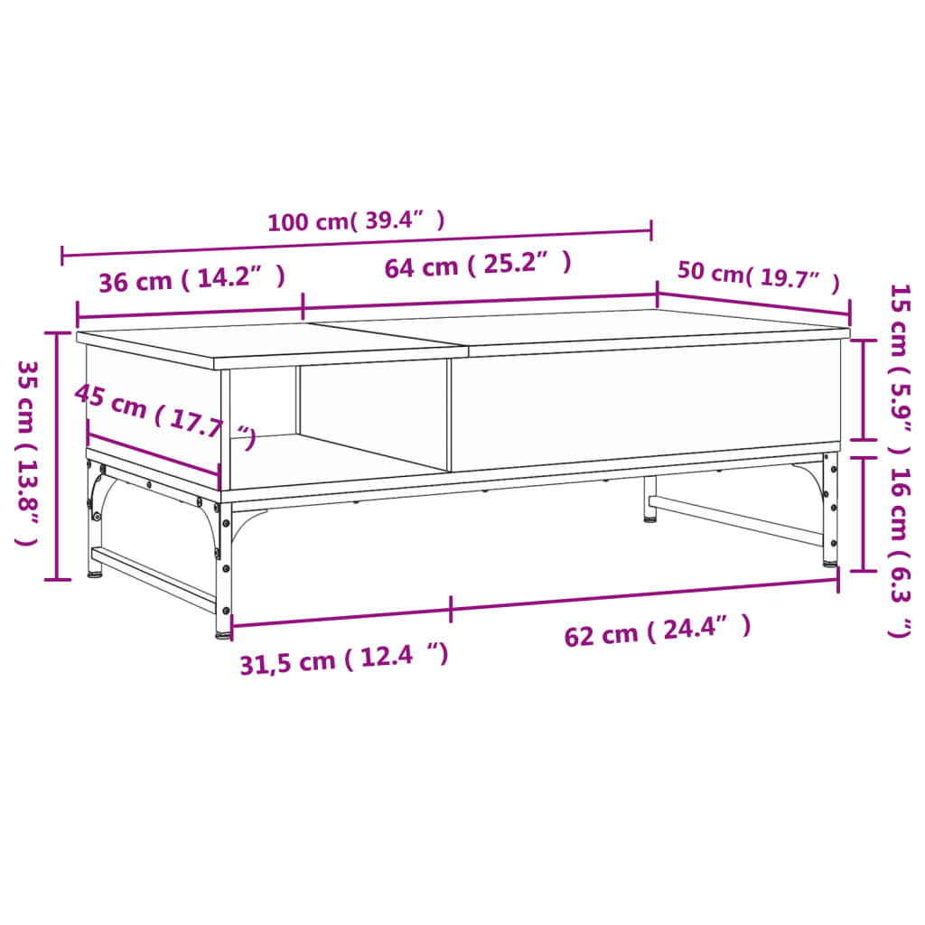 Table basse chêne sonoma 100x50x35cm bois d’ingénierie et métal - Tables basses