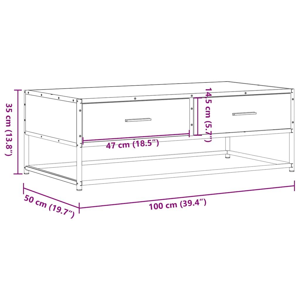 Table basse chêne sonoma 100x50x35cm bois d’ingénierie et métal - Tables basses