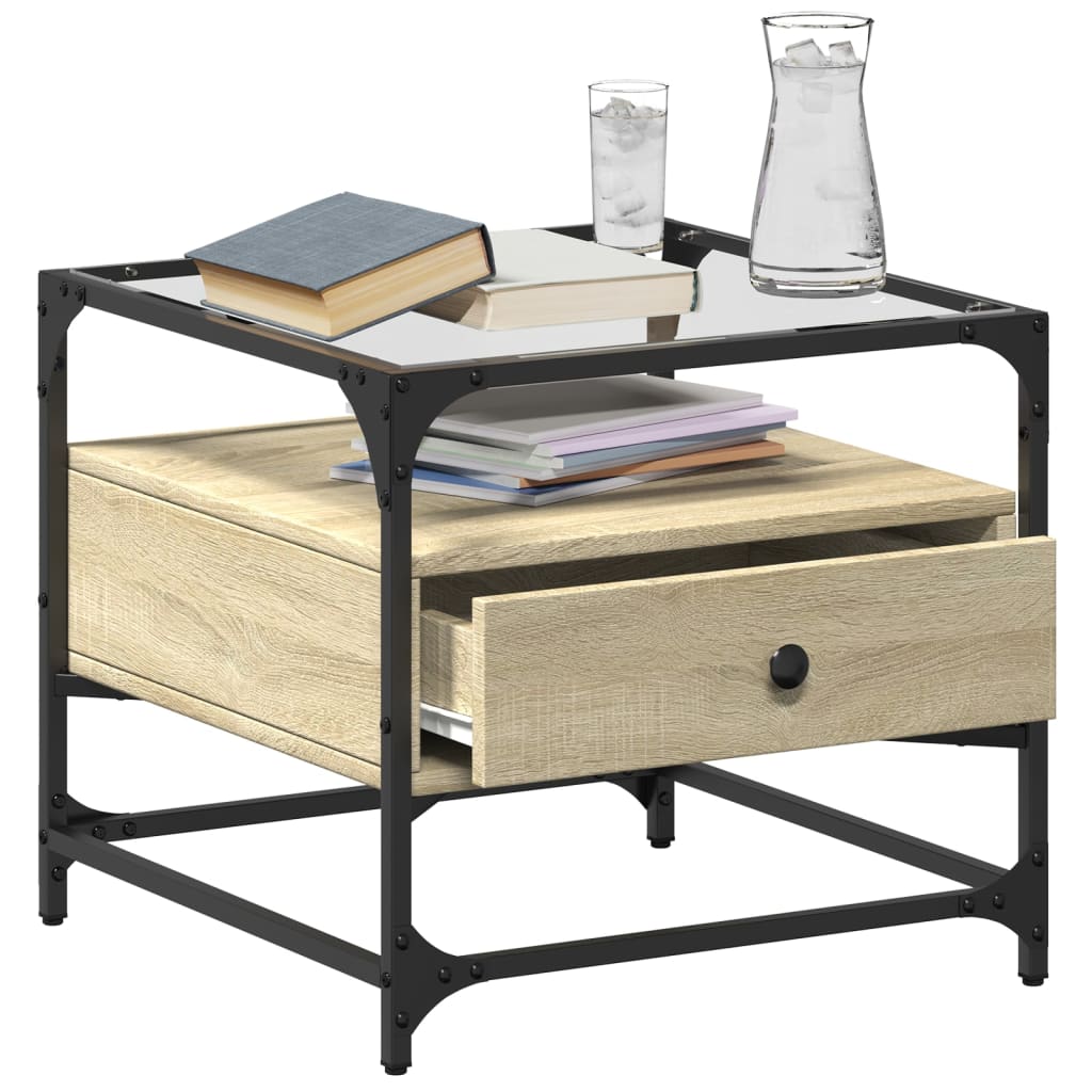 Table basse et dessus en verre chêne sonoma 50x50x45 cm acier - Tables basses