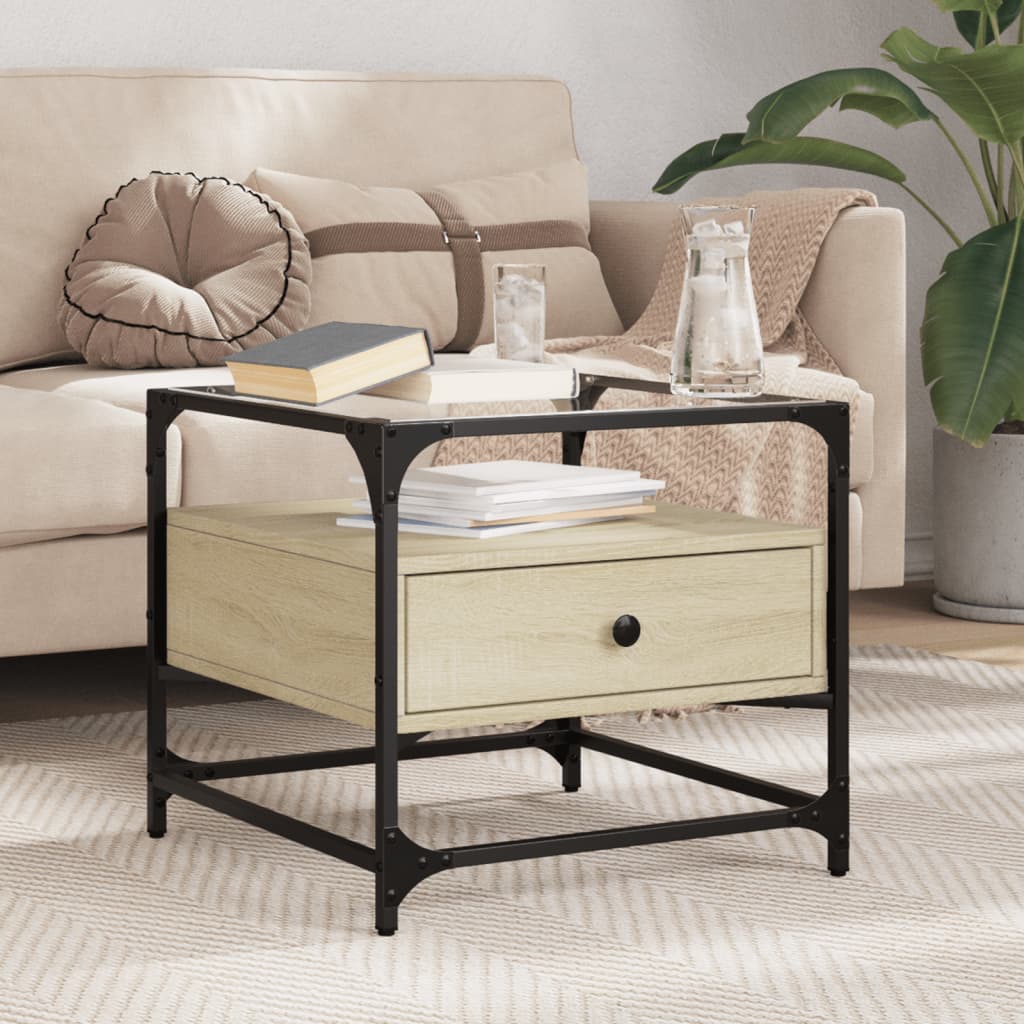 Table basse et dessus en verre chêne sonoma 50x50x45 cm acier - Tables basses