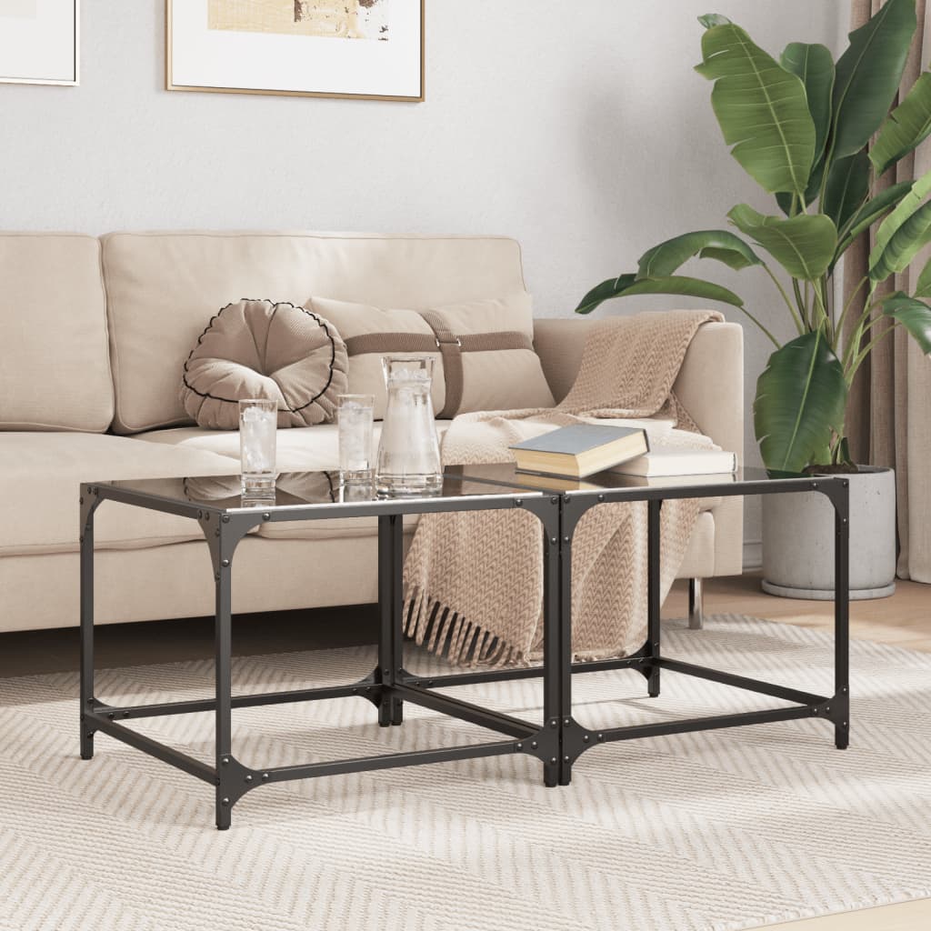 Tables basses avec dessus en verre noir 2 pcs 50x50x40 cm acier - Tables basses
