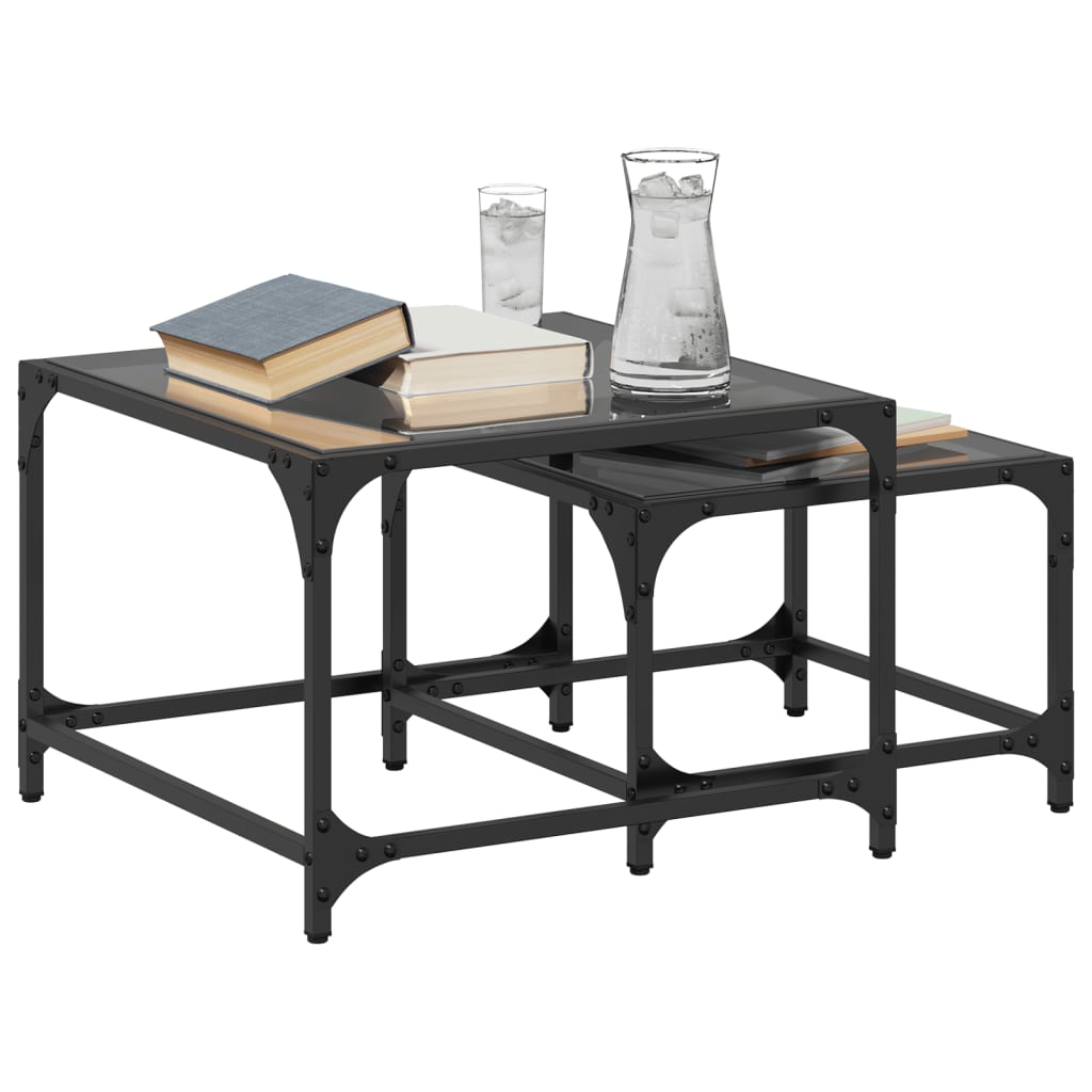 Tables basses gigognes 2 pcs dessus en verre noir acier - Tables basses