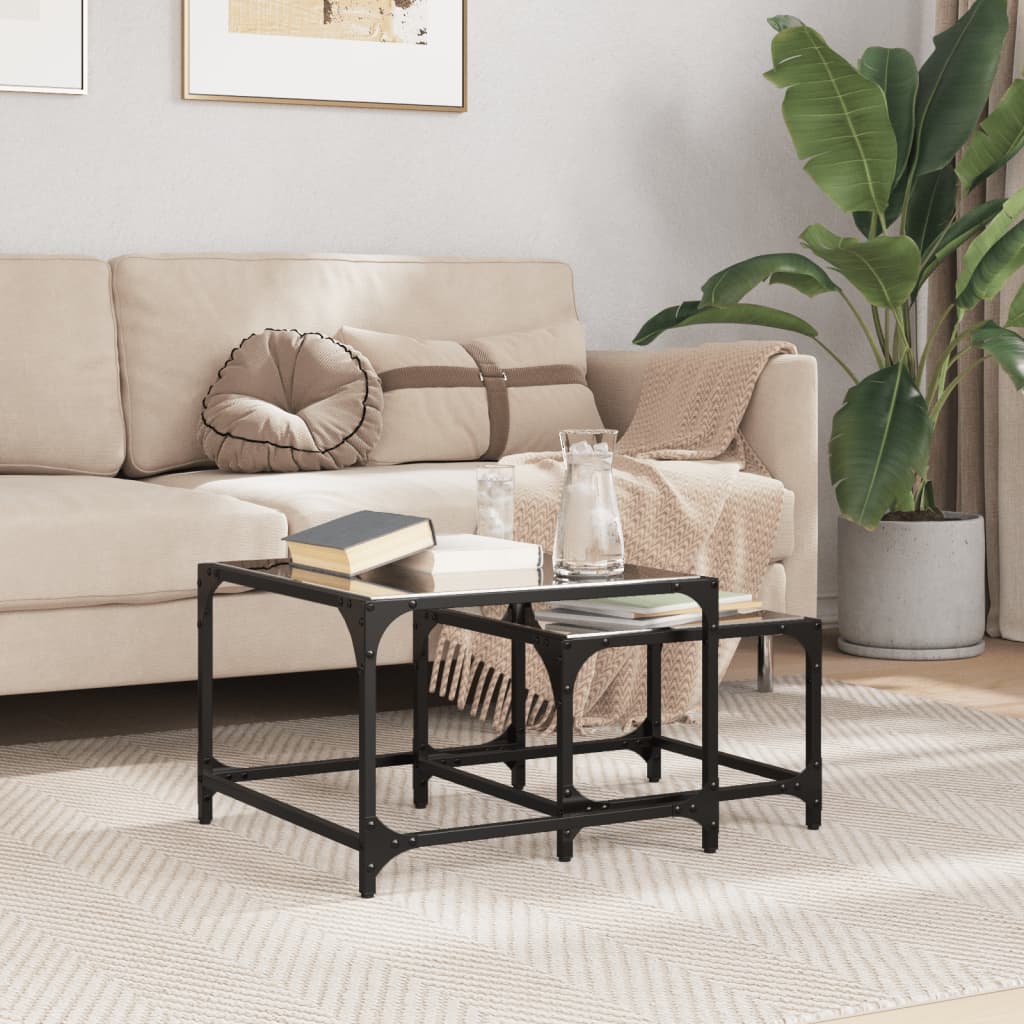 Tables basses gigognes 2 pcs dessus en verre noir acier - Tables basses