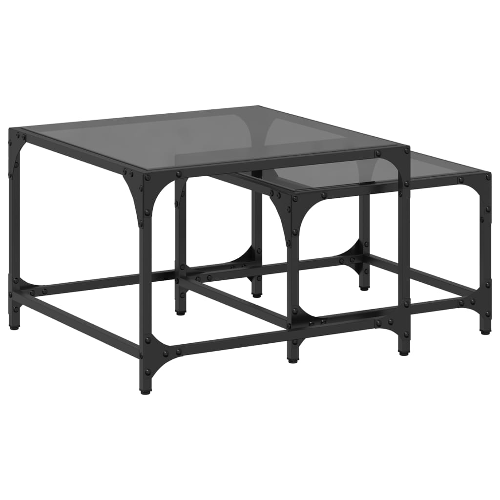 Tables basses gigognes 2 pcs dessus en verre noir acier - Tables basses