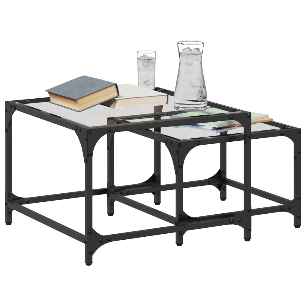 Tables basses gigognes 2 pcs dessus en verre transparent acier - Tables basses
