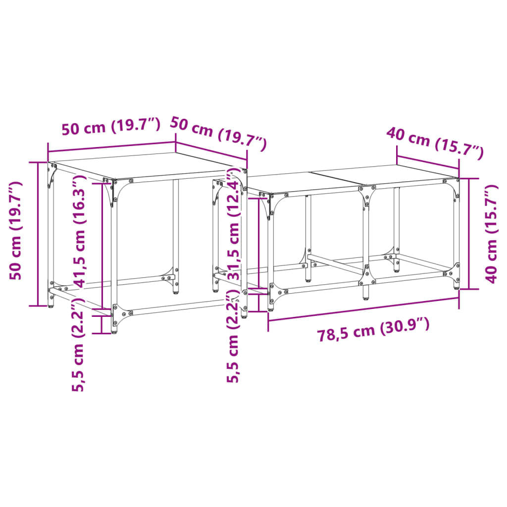 Tables basses gigognes 2 pcs dessus en verre transparent acier - Tables basses
