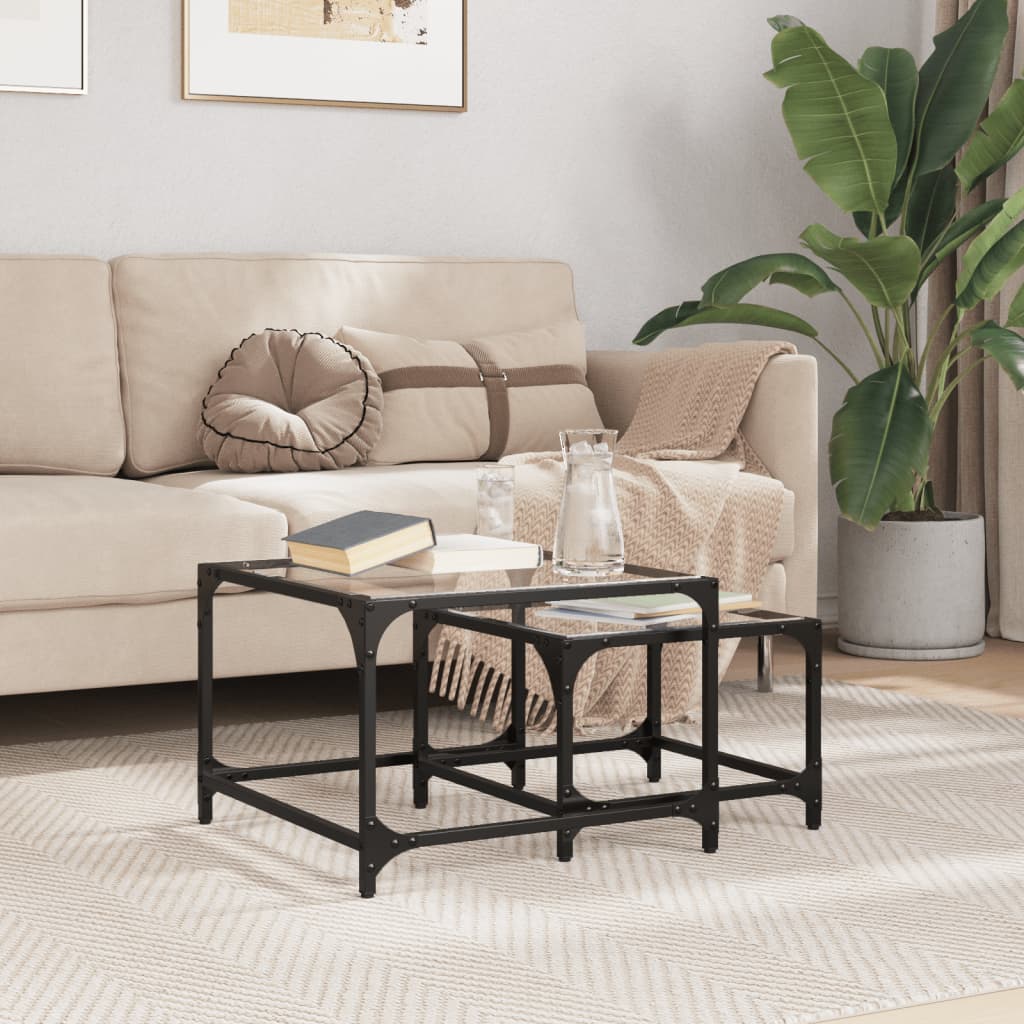 Tables basses gigognes 2 pcs dessus en verre transparent acier - Tables basses
