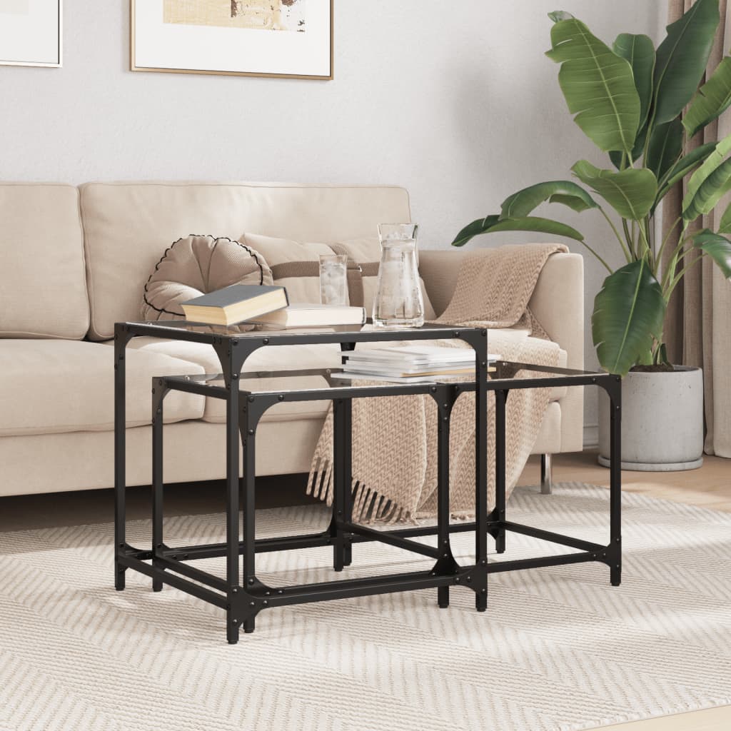 Tables basses gigognes 2 pcs dessus en verre transparent acier - Tables basses