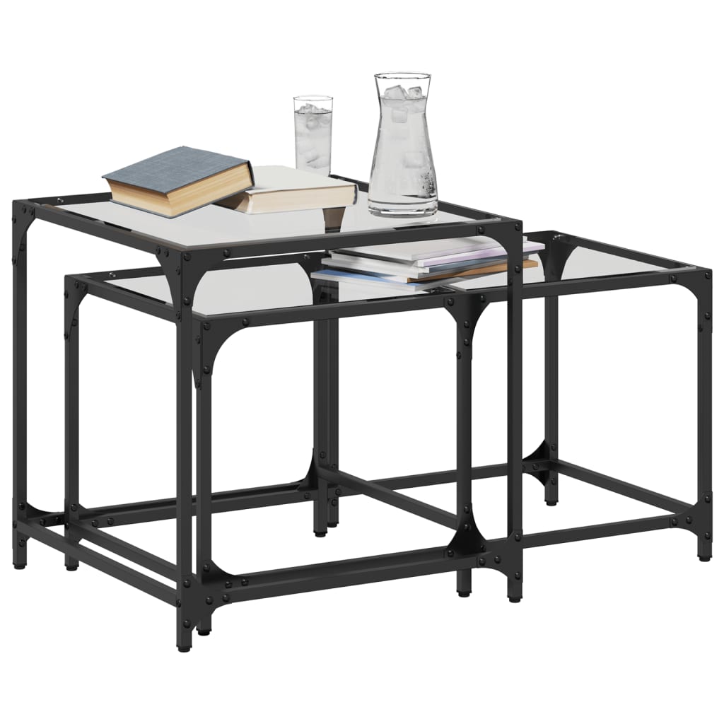 Tables basses gigognes 2 pcs dessus en verre transparent acier - Tables basses