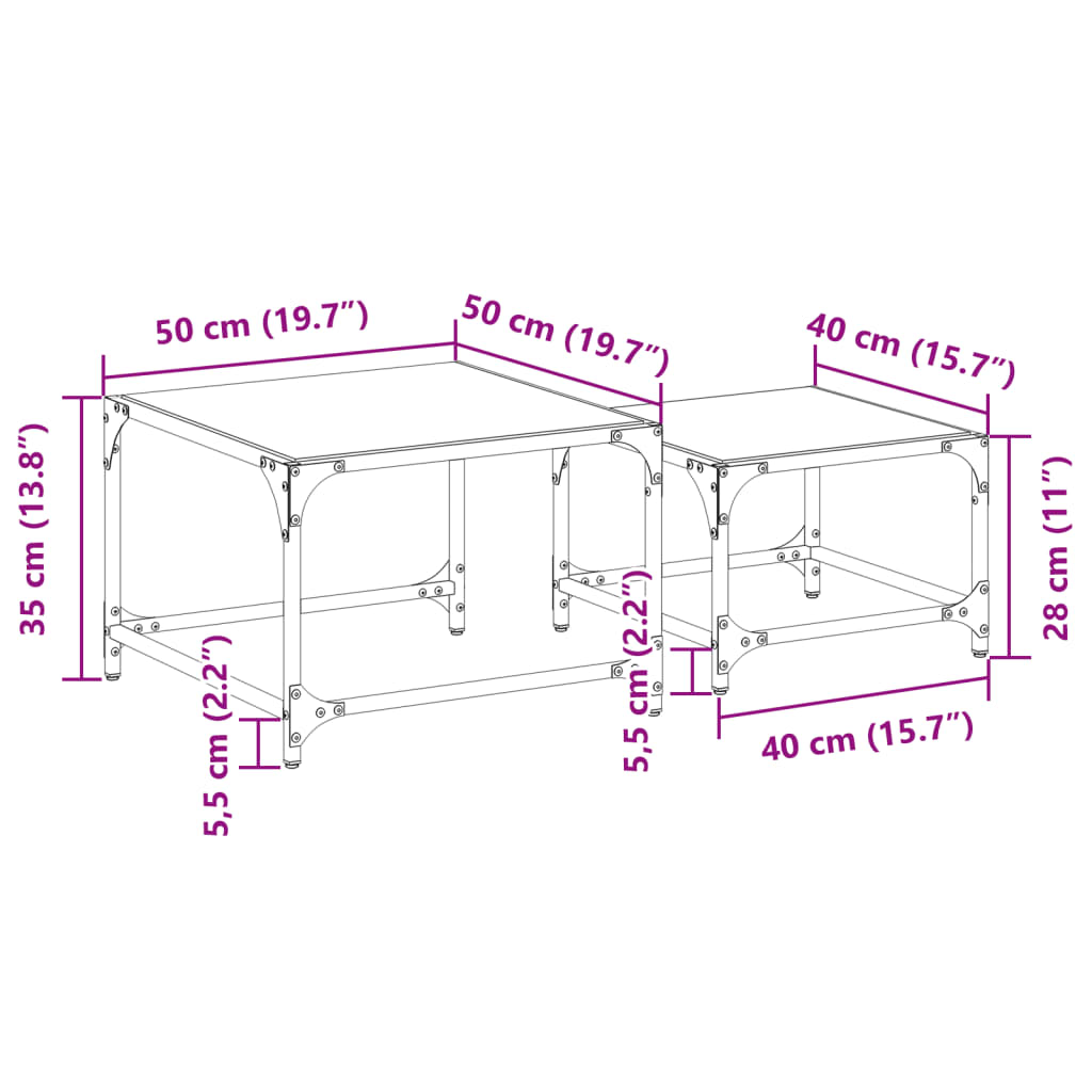 Tables basses gigognes 2 pcs dessus en verre transparent acier - Tables basses
