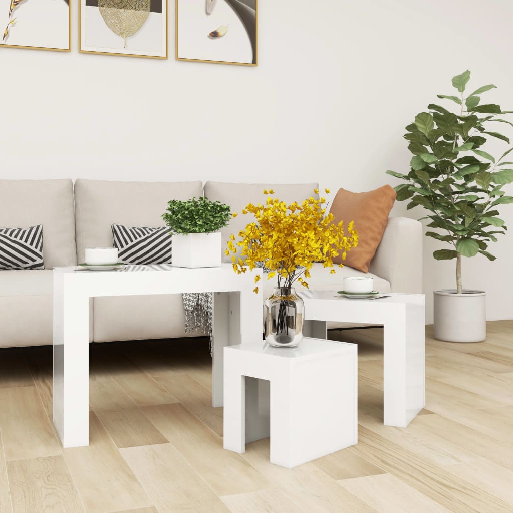 Tables basses gigognes 3 pcs Blanc brillant Bois d’ingénierie - Tables basses