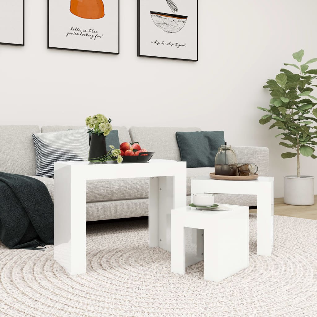 Tables basses gigognes 3 pcs Blanc brillant Bois d’ingénierie - Tables basses